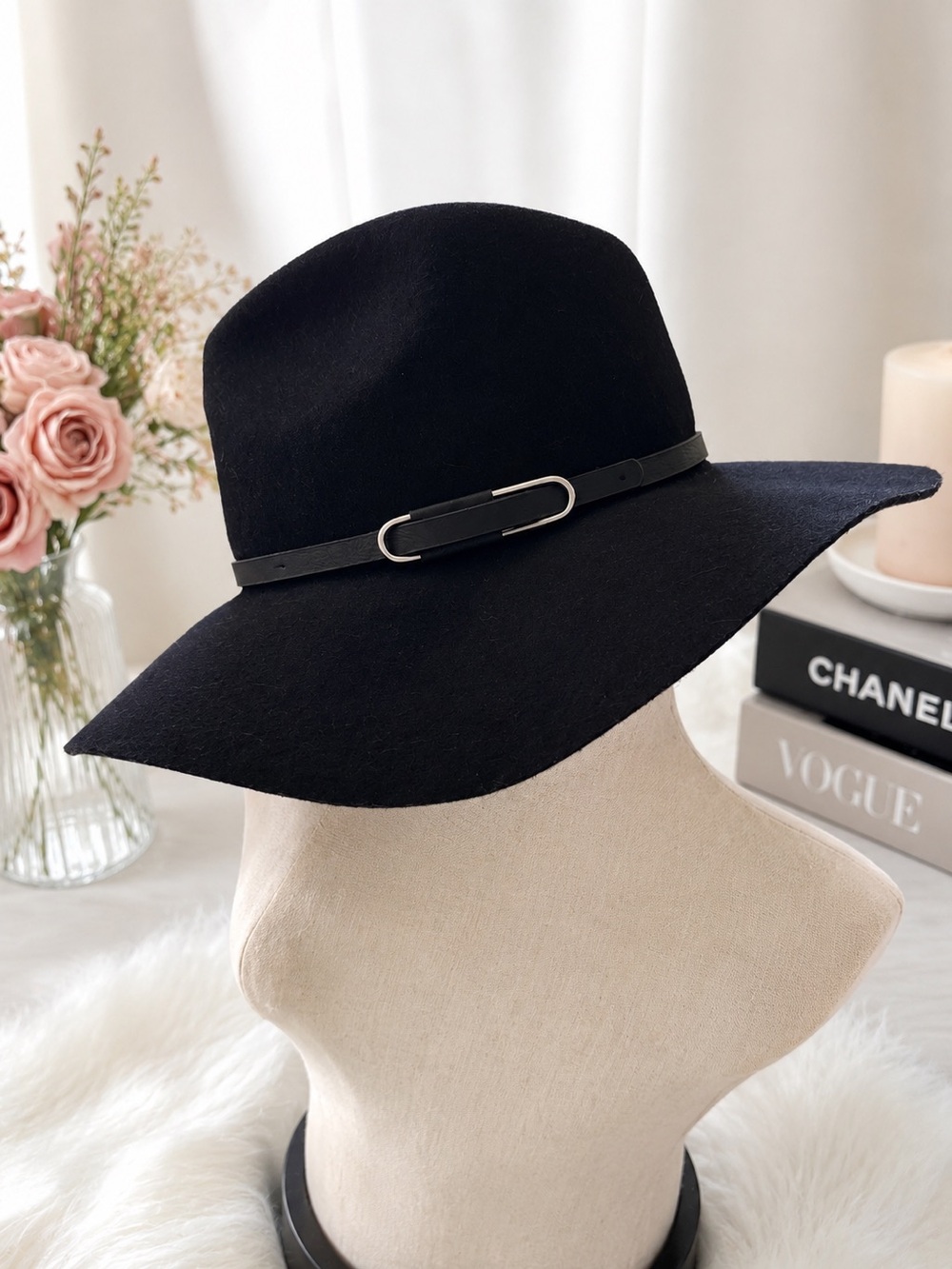 Black‎ Wide Brim Fedora Hat with Faux Leather Band